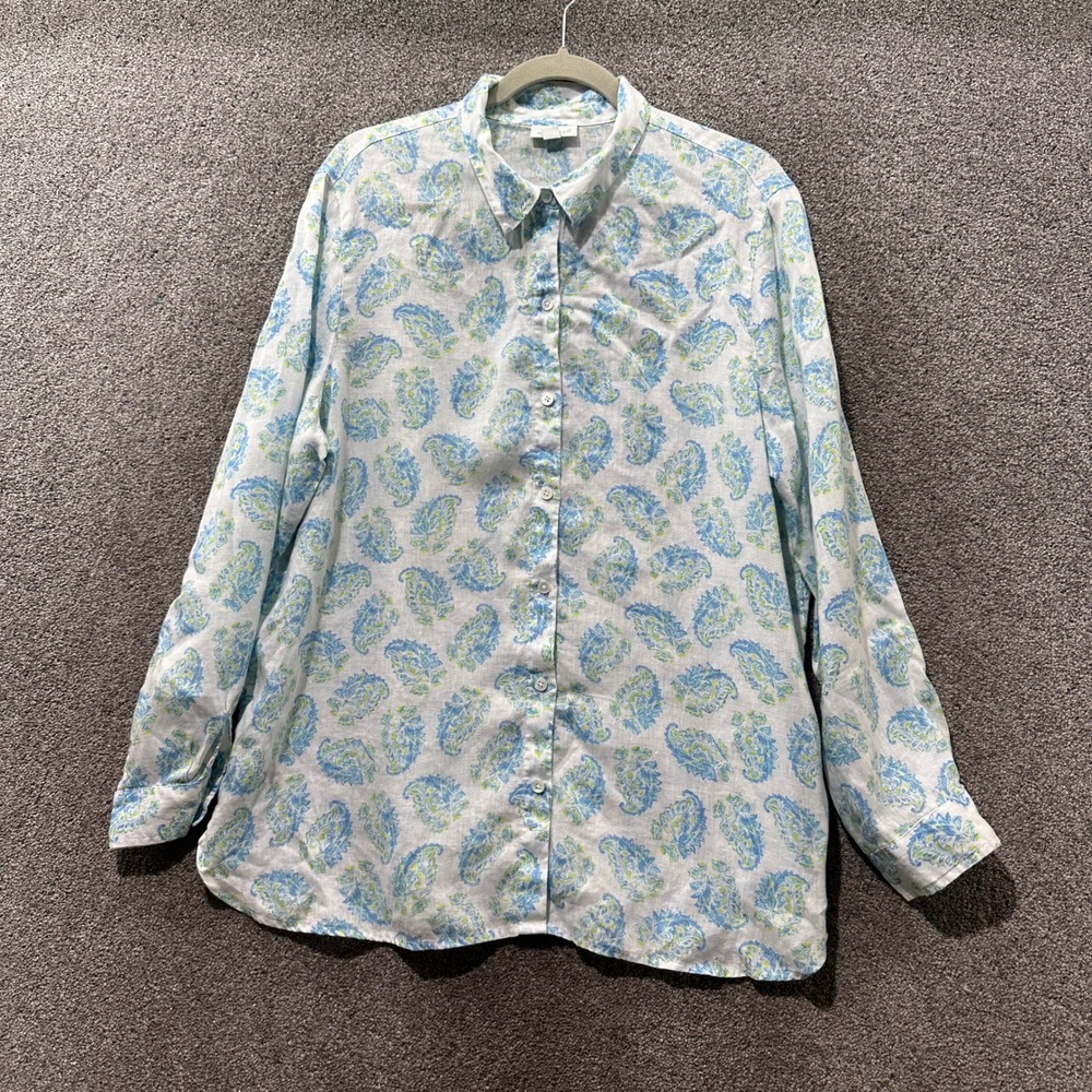 J.Jill Love Linen Blue Green Paisley Button Down Shirt Women Large 1432002